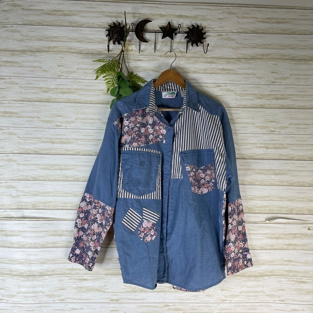 Vintage Chambray Floral Patchwork Button Down Lon… - image 1